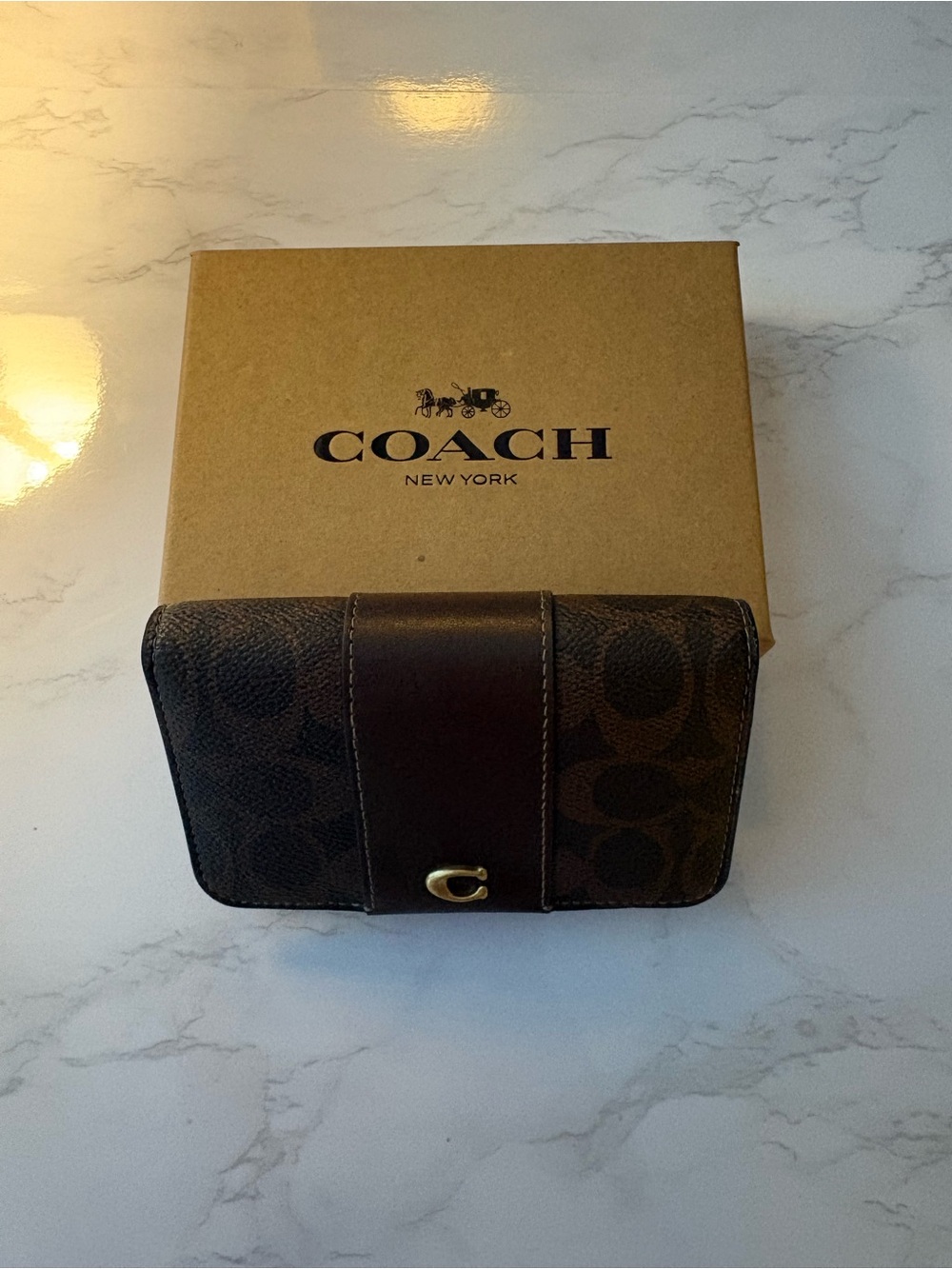 Coach Brown Signature Canvas and Leather Compact Wallet with Gold 'C'